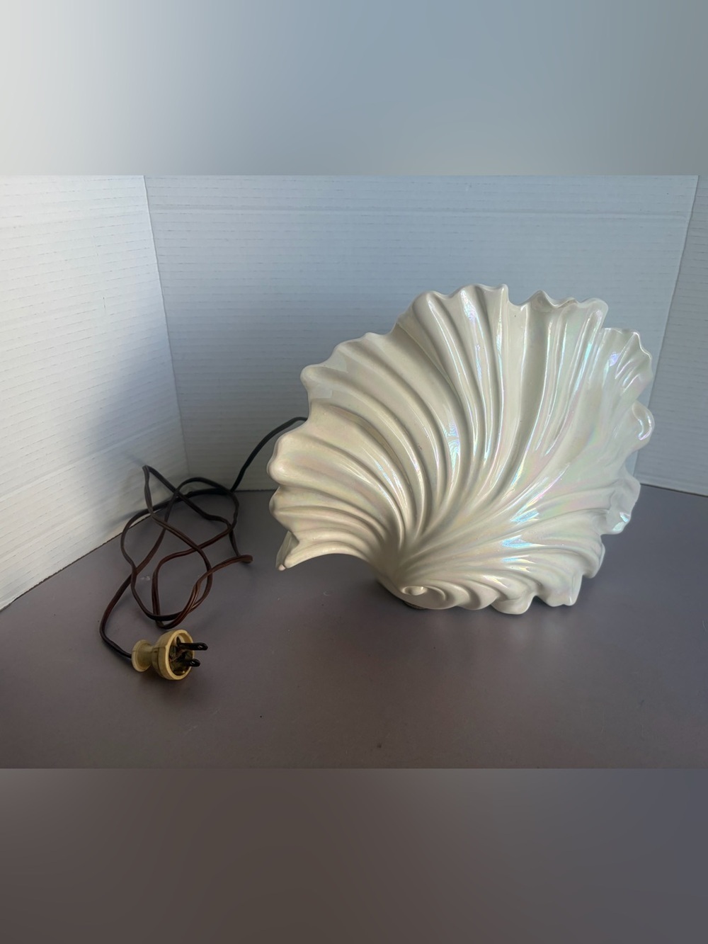 Vintage RARE Iridescent White Shell Ceramic Table Lamp - Home Art